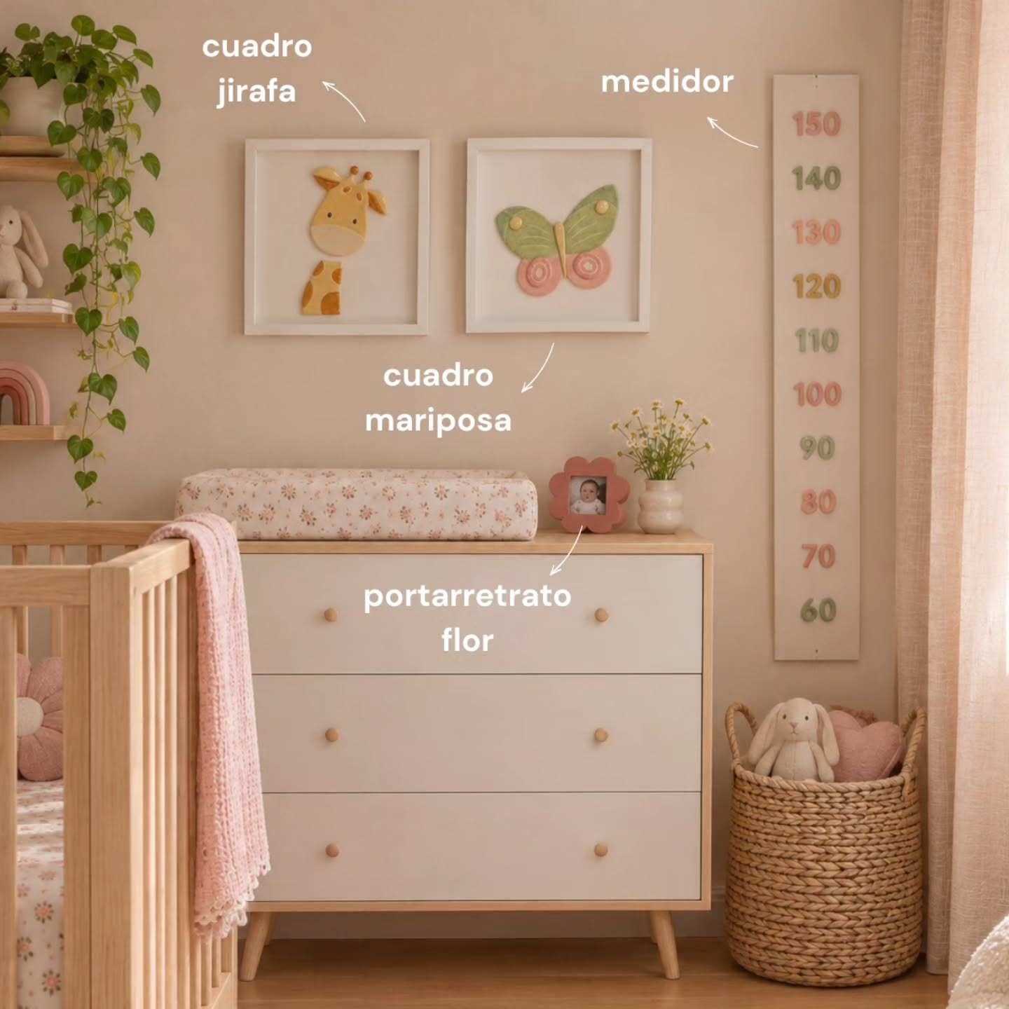 Cuarto de bebé con cuadro jirafa, cuadro mariposa, medidor y portarretrato flor de Hola Muma